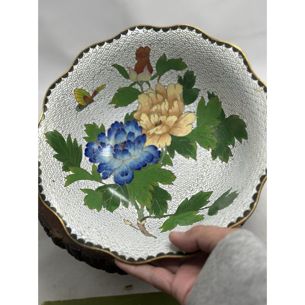 Cloisonne Enamel Brass Floral Bowl 9” Vintage